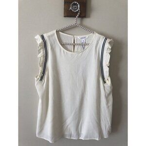 NWT Popsugar Womens Size XL Cream Top Black Trim Ruffles Sleeveless
